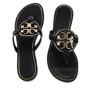 Tory Burch Miller Metal‎ Logo Thong Sandal, Gold/black Sz-7.5